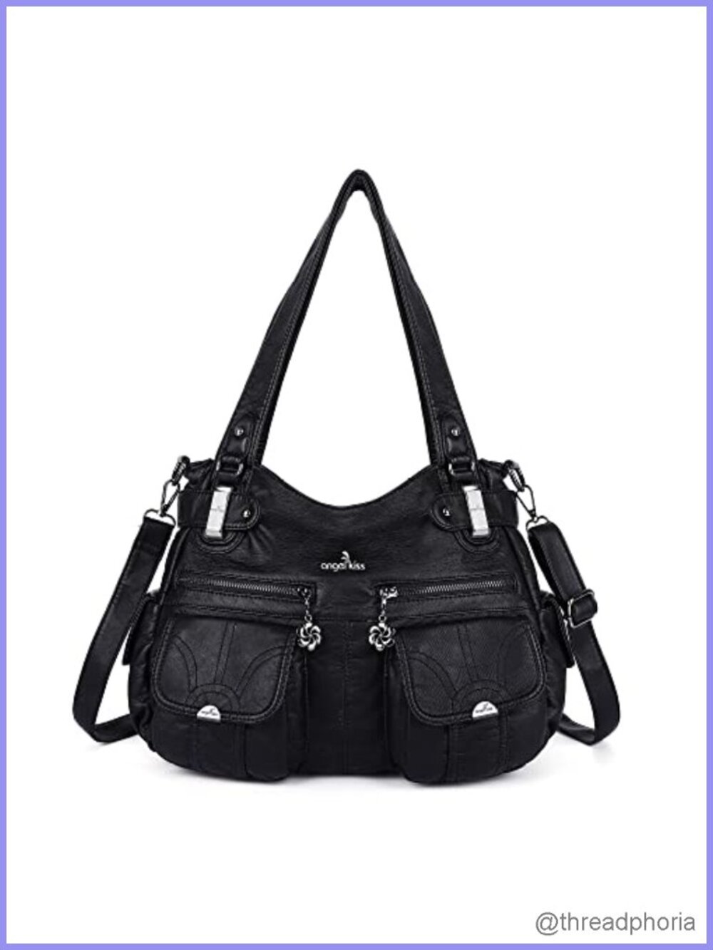 Washed PU Leather Satchel Handbag Double Zipper Multi Pocket Crossbody w/